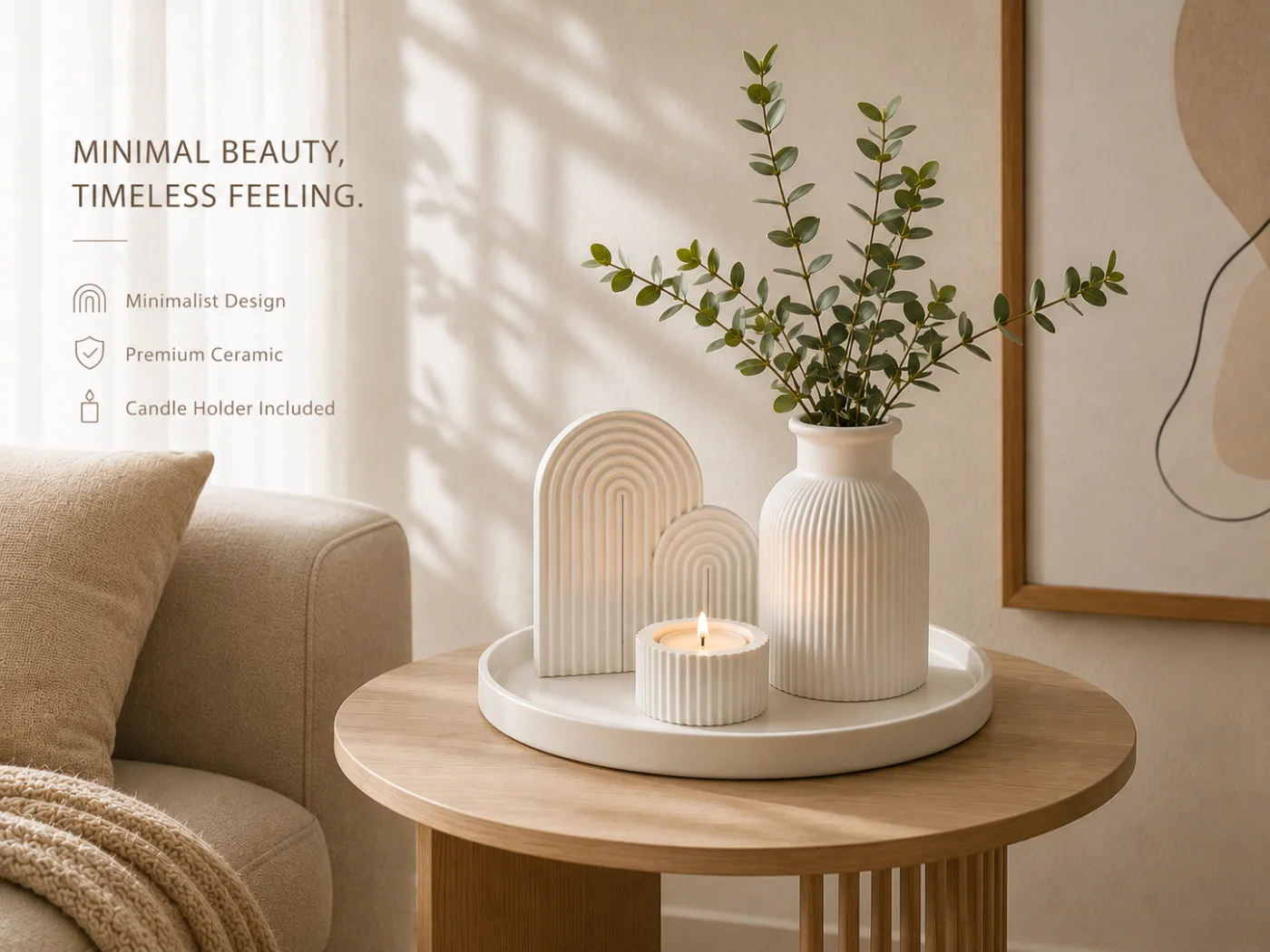 Minimalist decorative tray set on a wooden side table