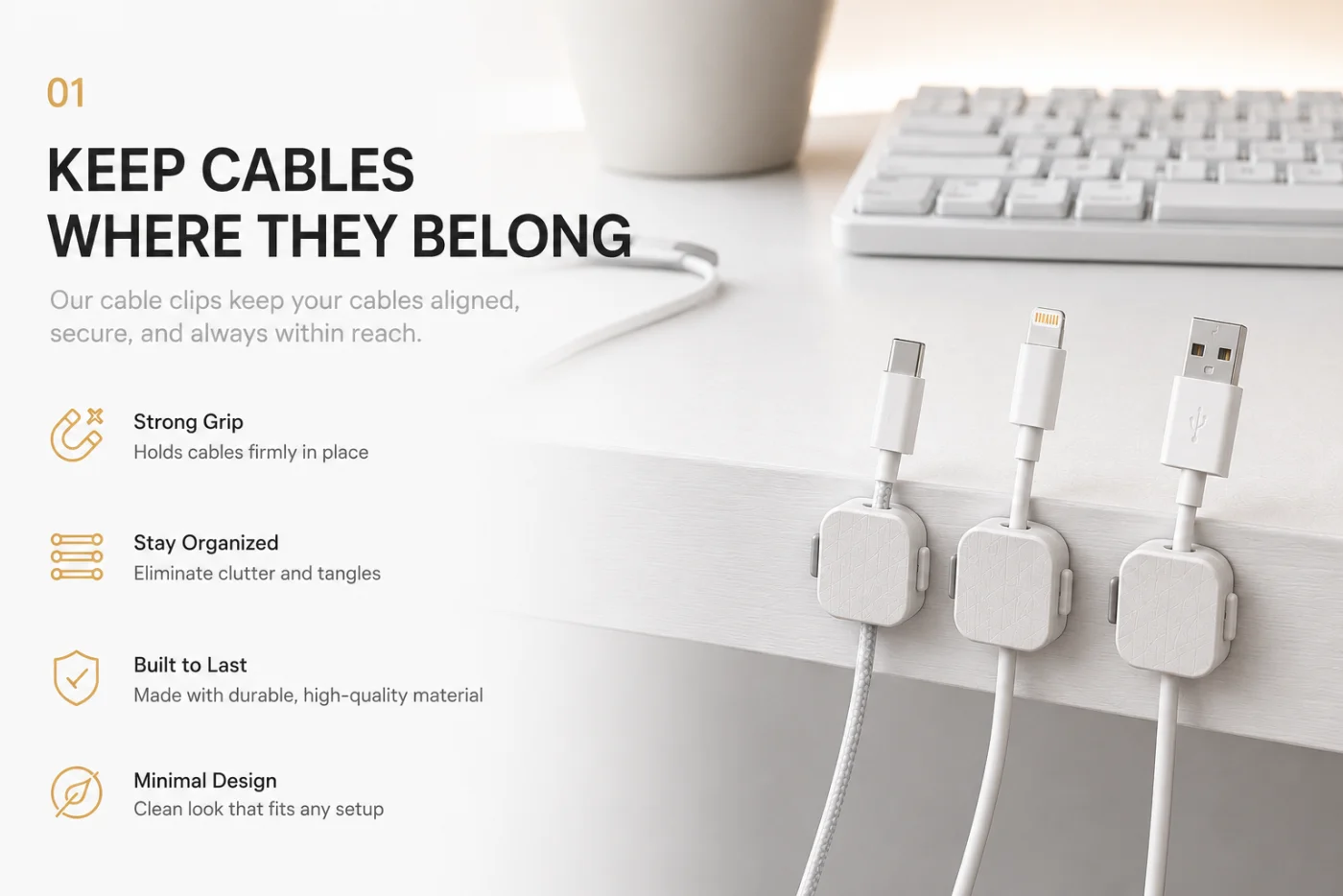 AM3D cable clips holding cables on a desk edge