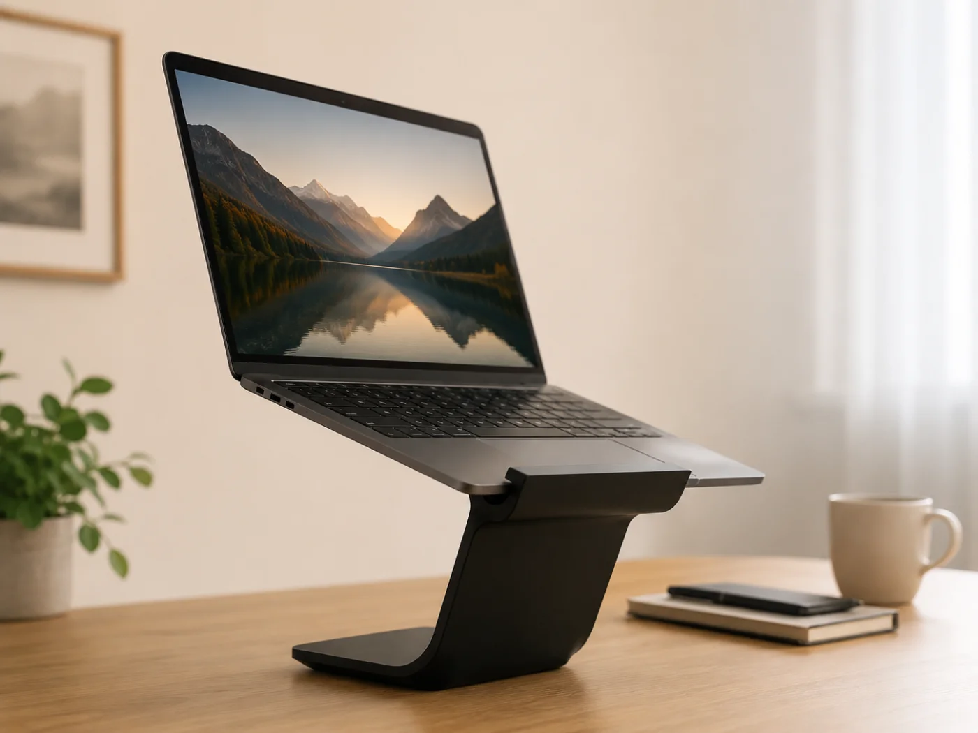 Black ergonomic laptop stand holding a MacBook on a wooden desk